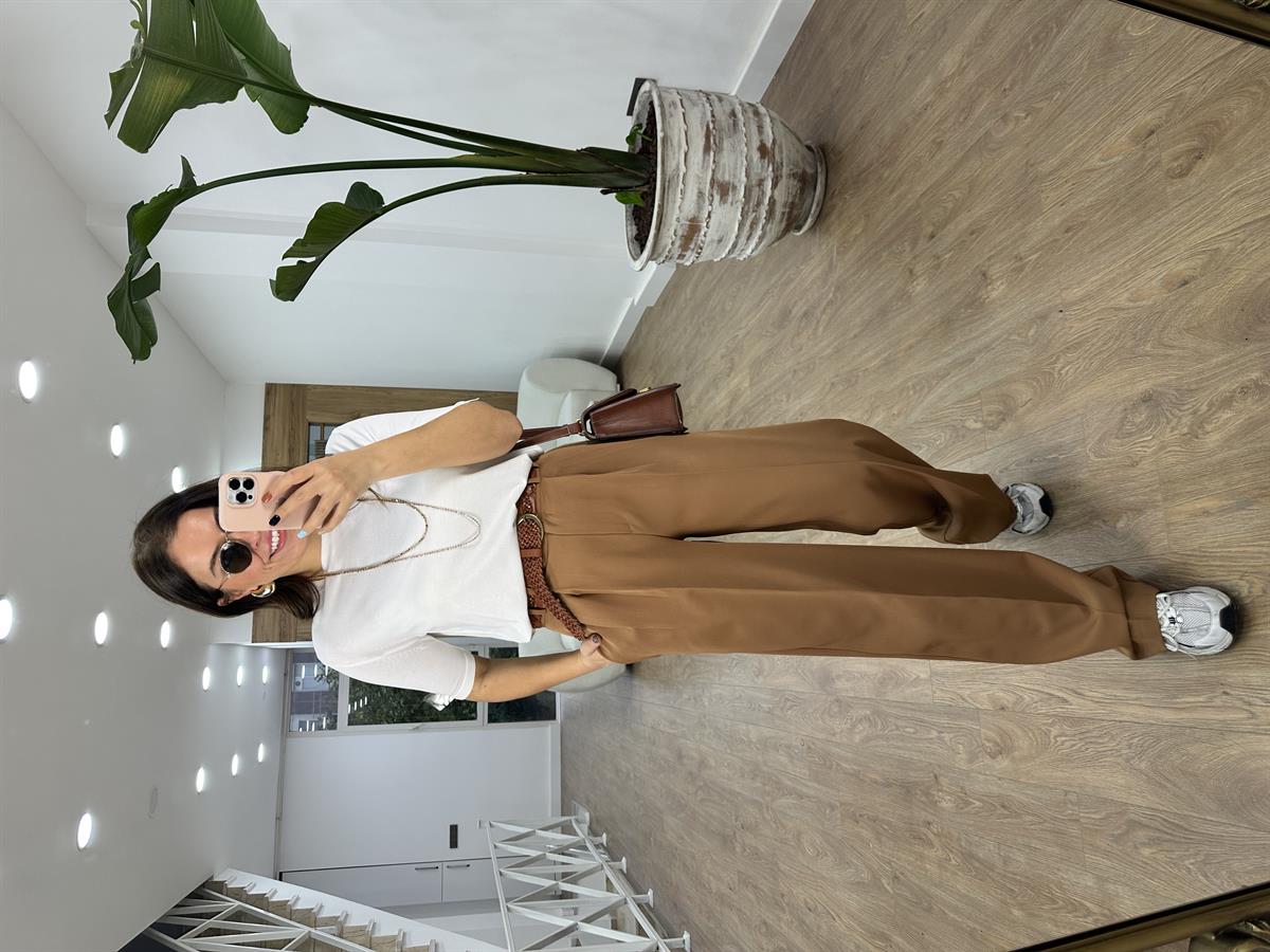 Özel Seri Çift Pile Palazzo Pantolon-Camel