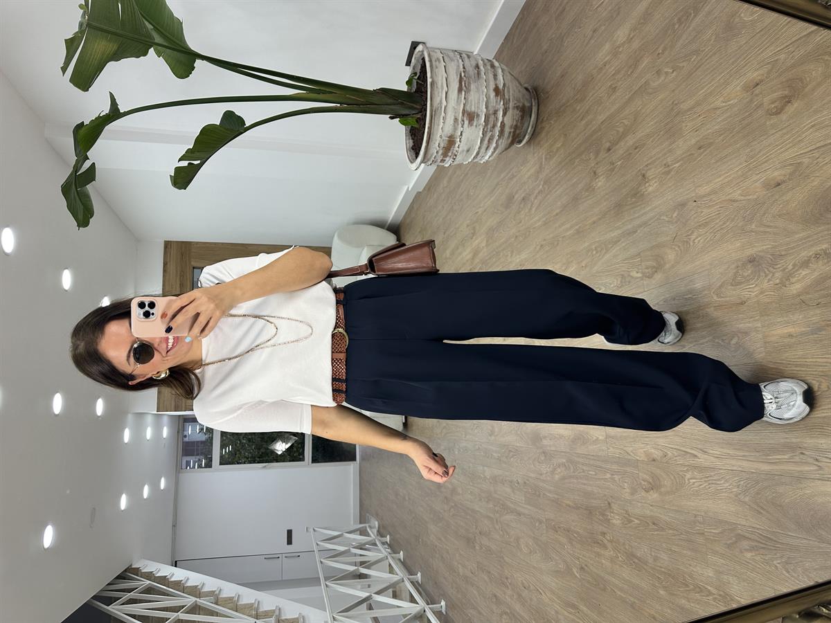 Özel Seri Çift Pile Palazzo Pantolon-Lacivert