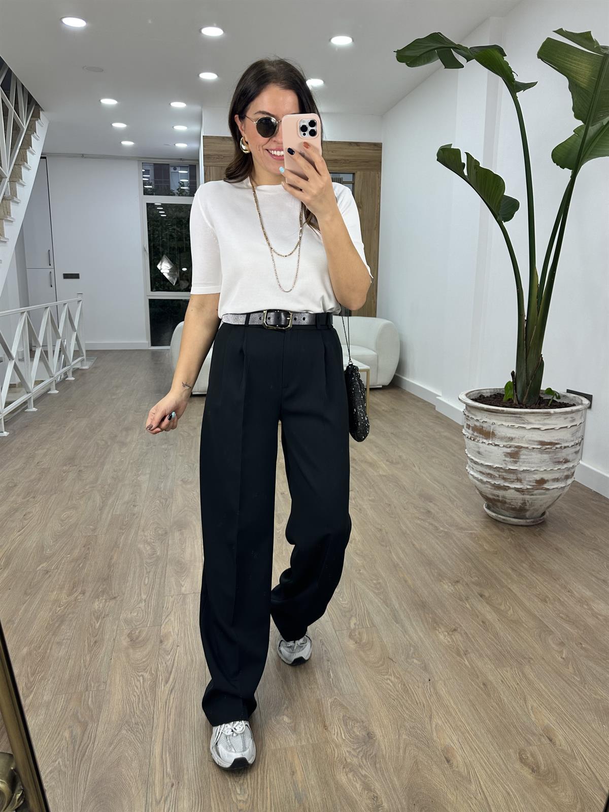 Özel Seri Çift Pile Palazzo Pantolon-Siyah