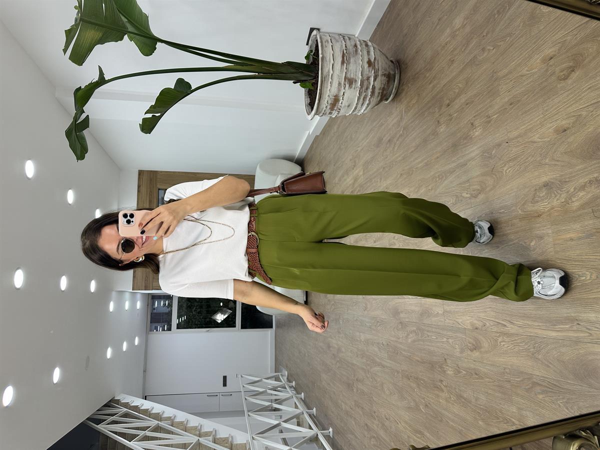 Özel Seri Çift Pileli Palazzo Pantolon-Yeşil