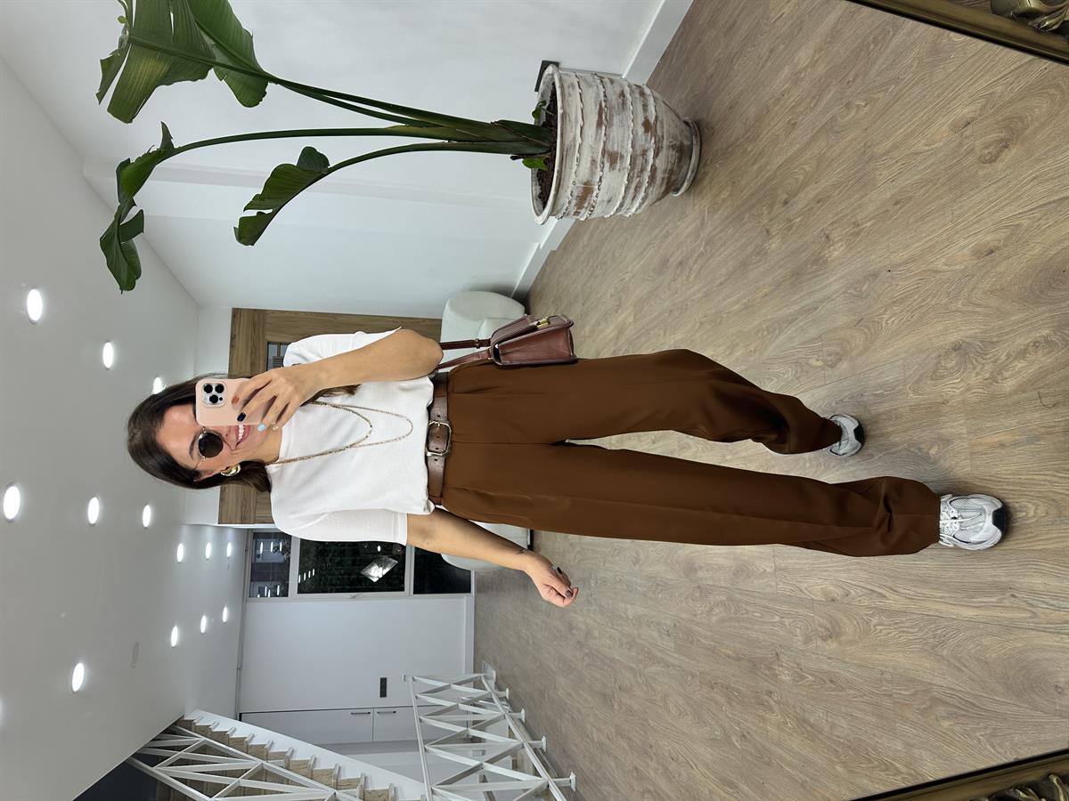 Özel Seri Çift Pileli Palazzo Pantolon-Kahverengi