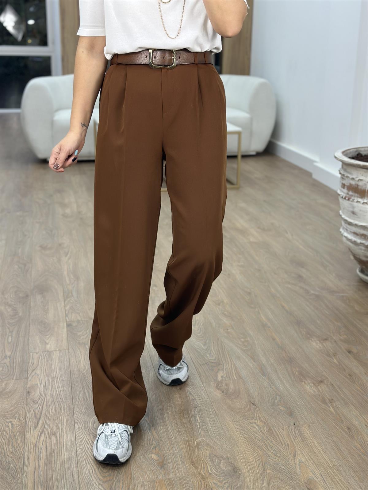 Özel Seri Çift Pileli Palazzo Pantolon-Kahverengi