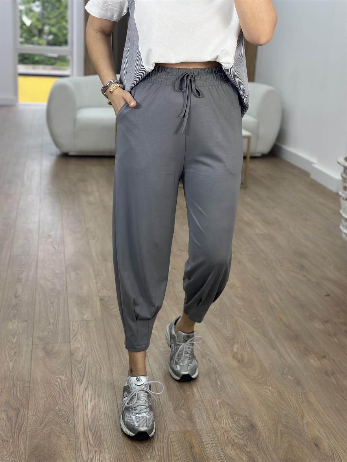 Paçası Dikiş Detaylı Modal Pantolon-Gri