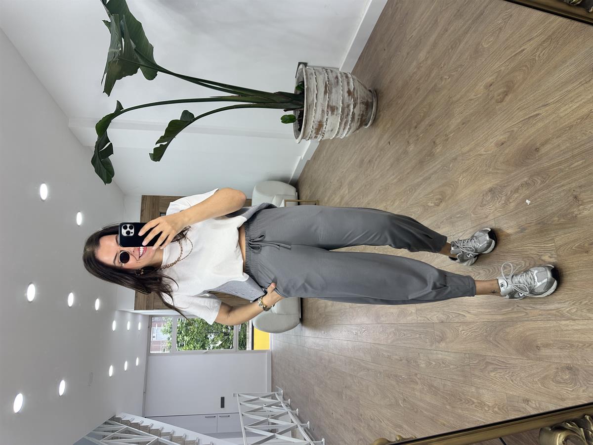 Paçası Dikiş Detaylı Modal Pantolon-Gri