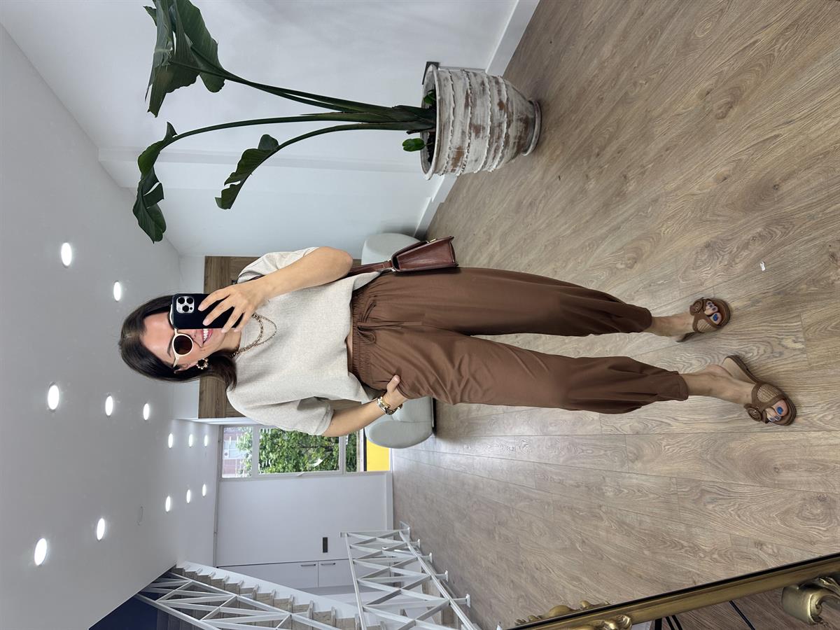 Paçası Dikiş Detaylı Modal Pantolon-Kahverengi