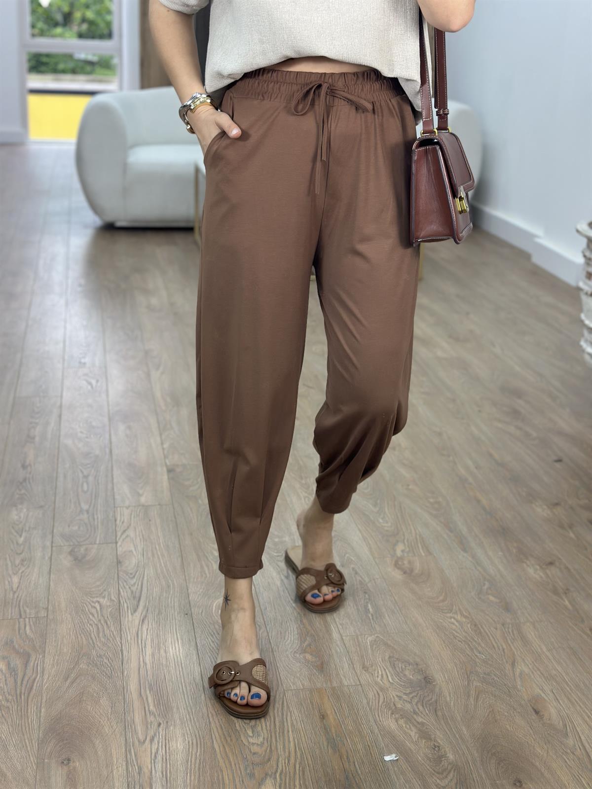 Paçası Dikiş Detaylı Modal Pantolon-Kahverengi