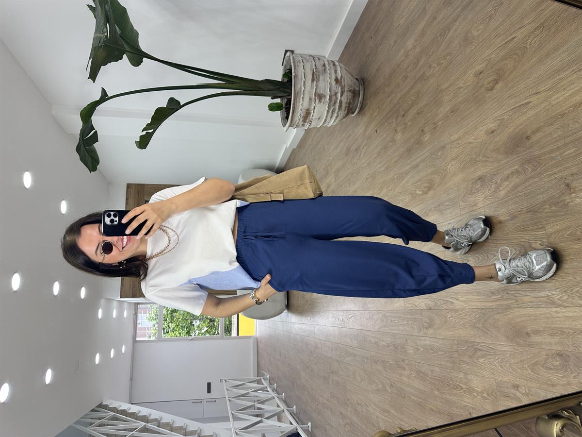 Paçası Dikiş Detaylı Modal Pantolon-Lacivert