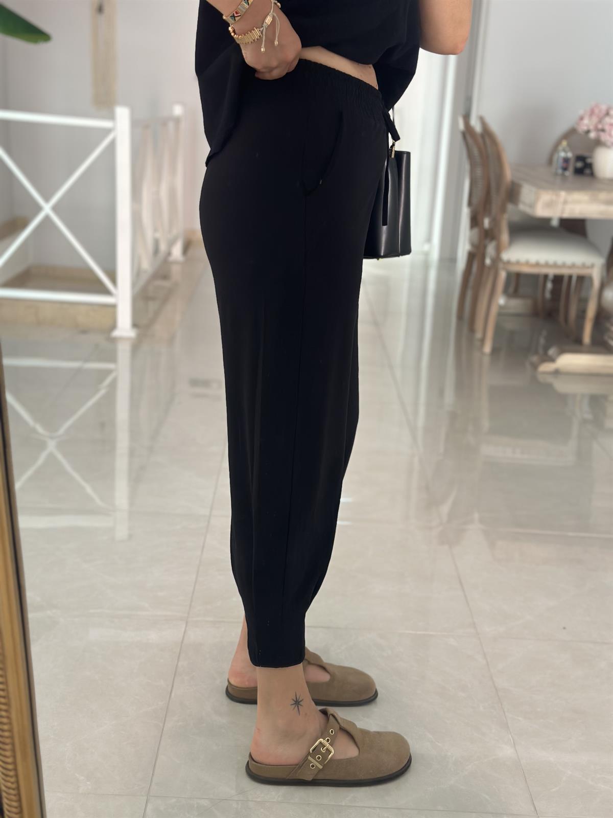 Paçası Dikiş Detaylı Modal Pantolon-Siyah