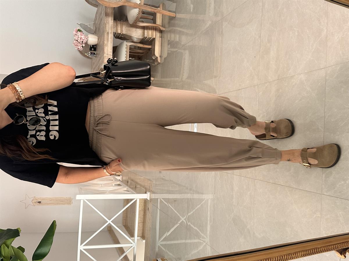 Paçası Dikiş Detaylı Modal Pantolon-Vizon