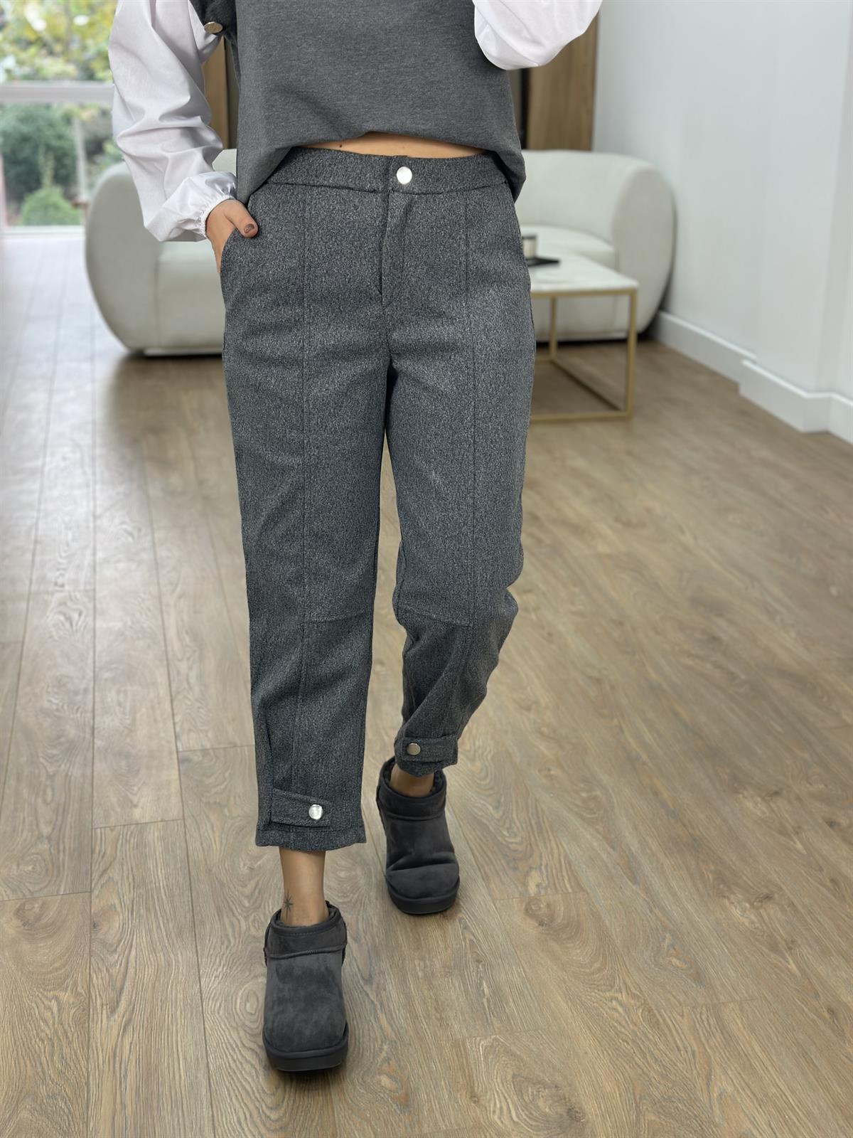 Paçası Düğmeli Kaşe Pantolon-Gri