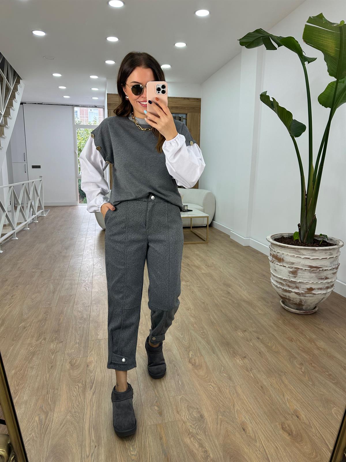 Paçası Düğmeli Kaşe Pantolon-Gri