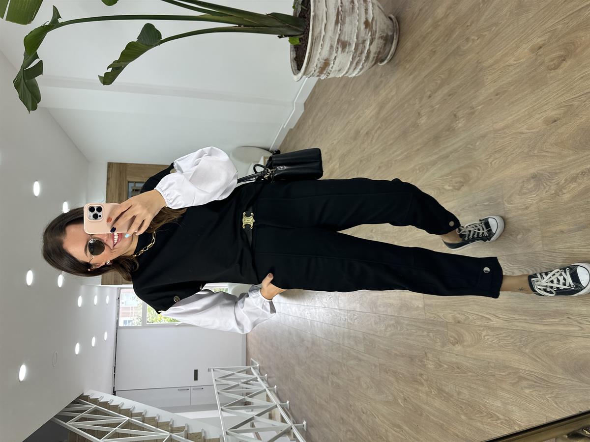 Paçası Düğmeli Kaşe Pantolon-Siyah