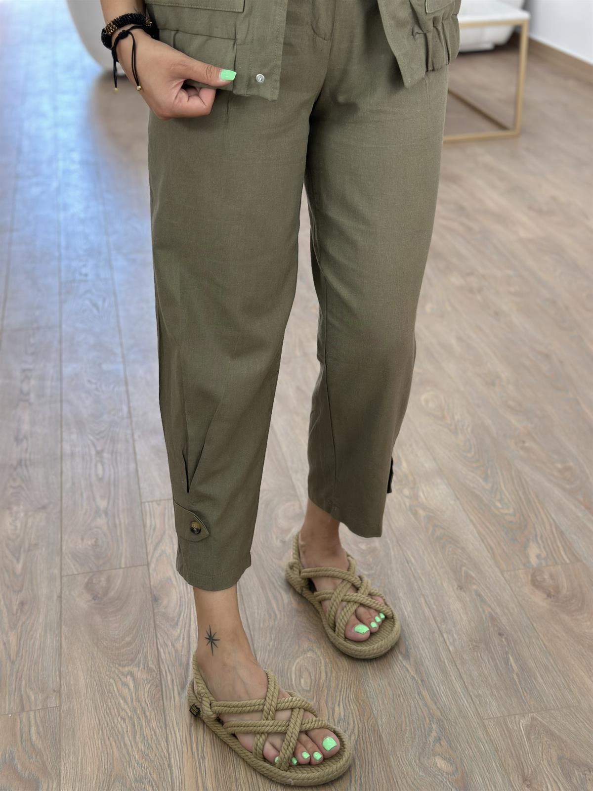 Paçası Düğmeli Keten Pantolon-Haki