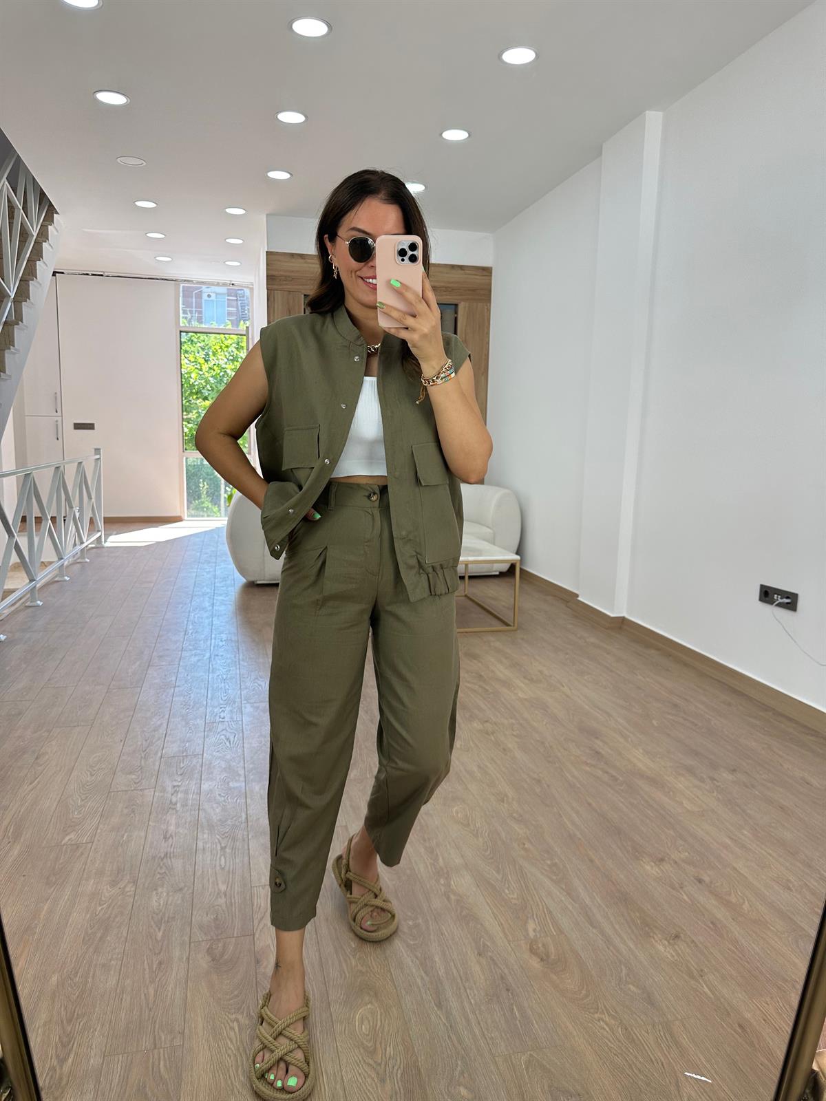 Paçası Düğmeli Keten Pantolon-Haki