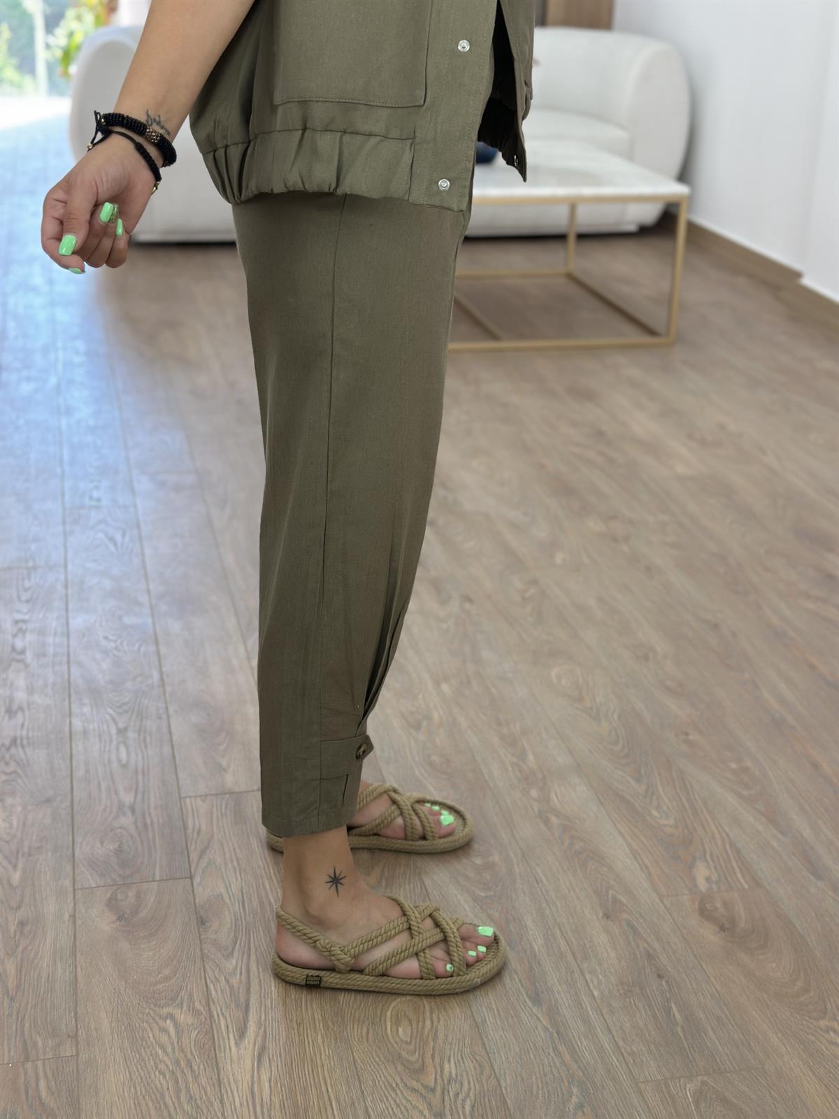 Paçası Düğmeli Keten Pantolon-Haki