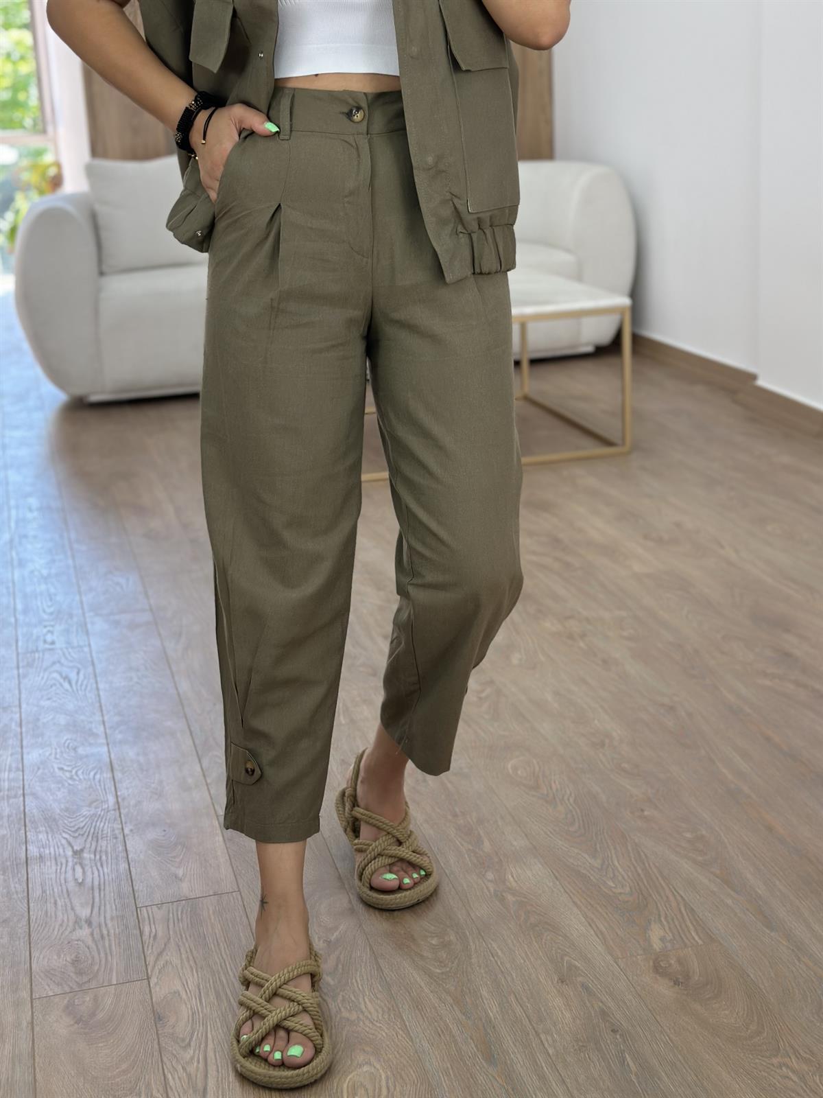 Paçası Düğmeli Keten Pantolon-Haki