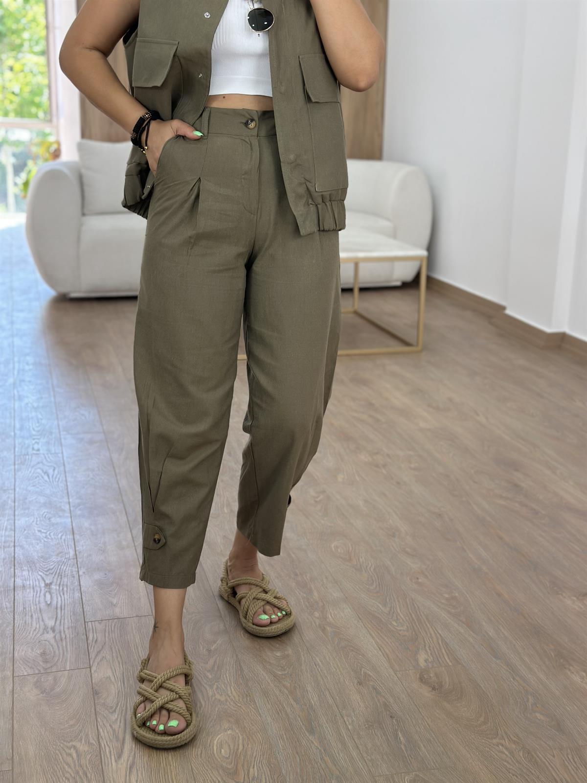 Paçası Düğmeli Keten Pantolon-Haki