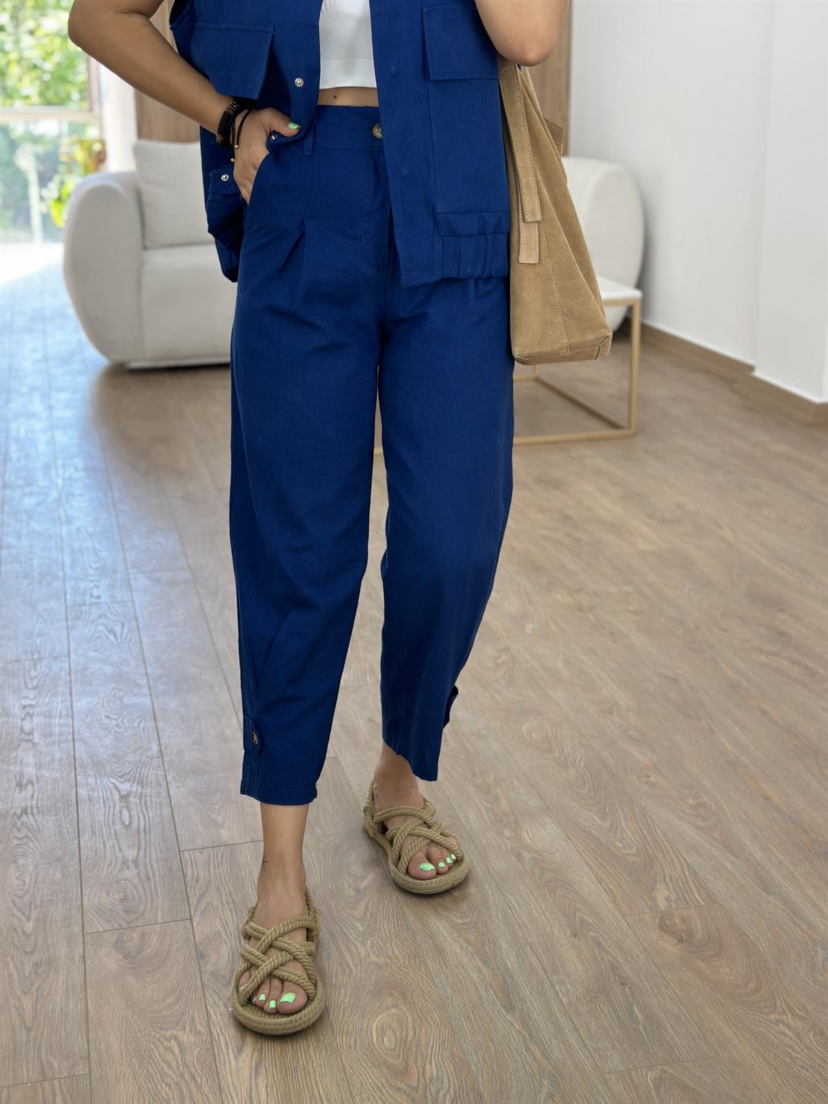 Paçası Düğmeli Keten Pantolon-Lacivert
