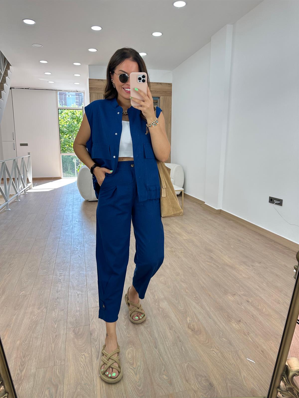 Paçası Düğmeli Keten Pantolon-Lacivert