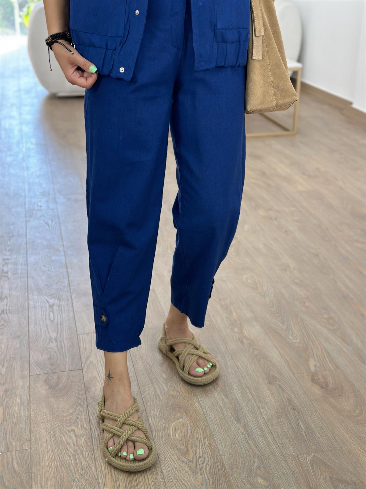 Paçası Düğmeli Keten Pantolon-Lacivert