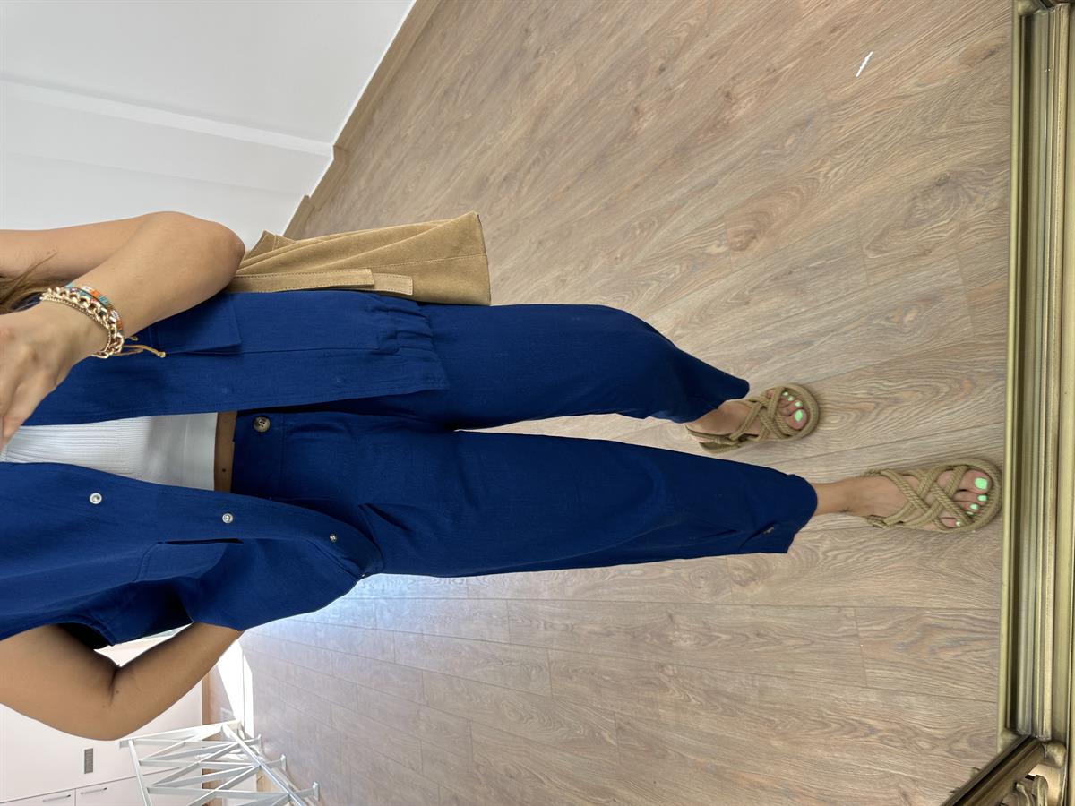 Paçası Düğmeli Keten Pantolon-Lacivert