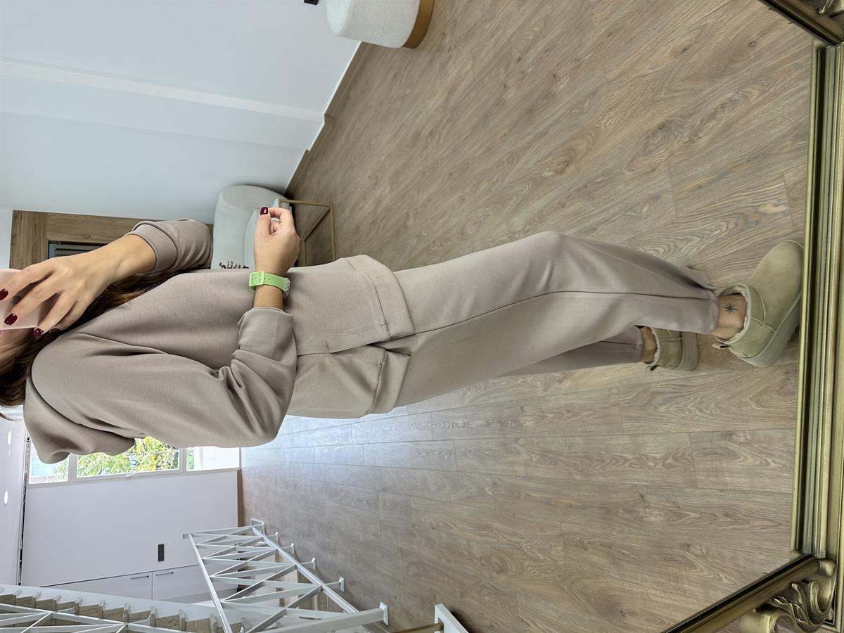 Paçası Düğmeli Modal Takım-Camel