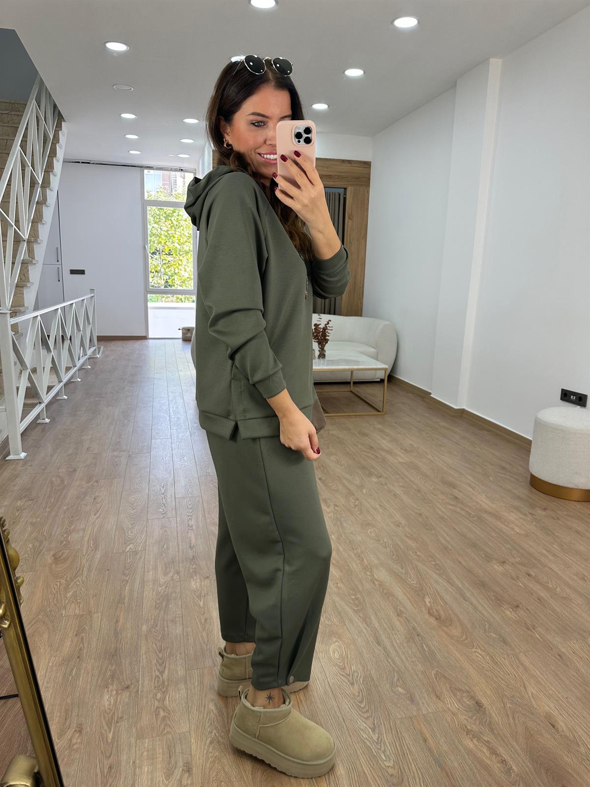 Paçası Düğmeli Modal Takım-Haki