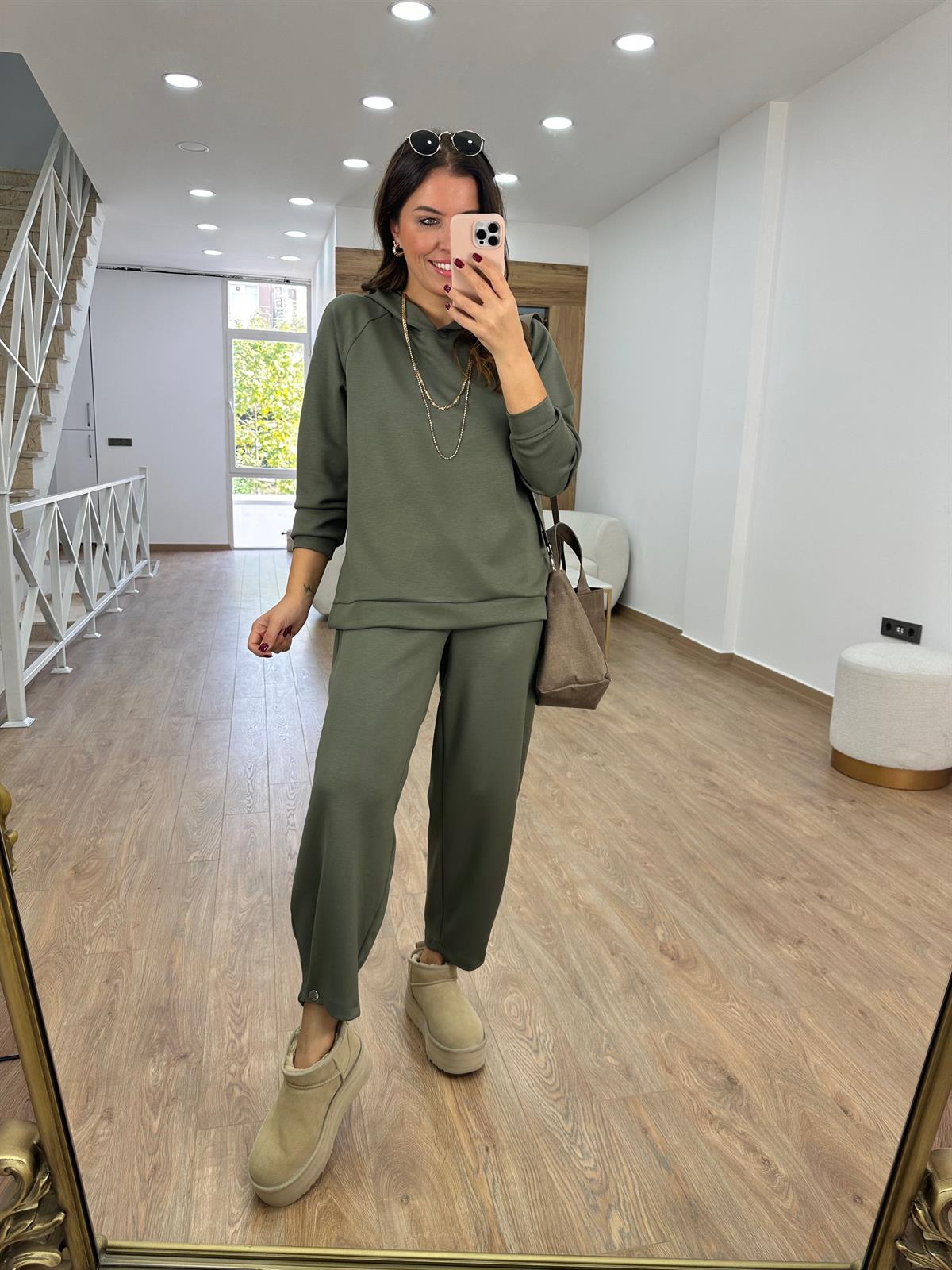 Paçası Düğmeli Modal Takım-Haki