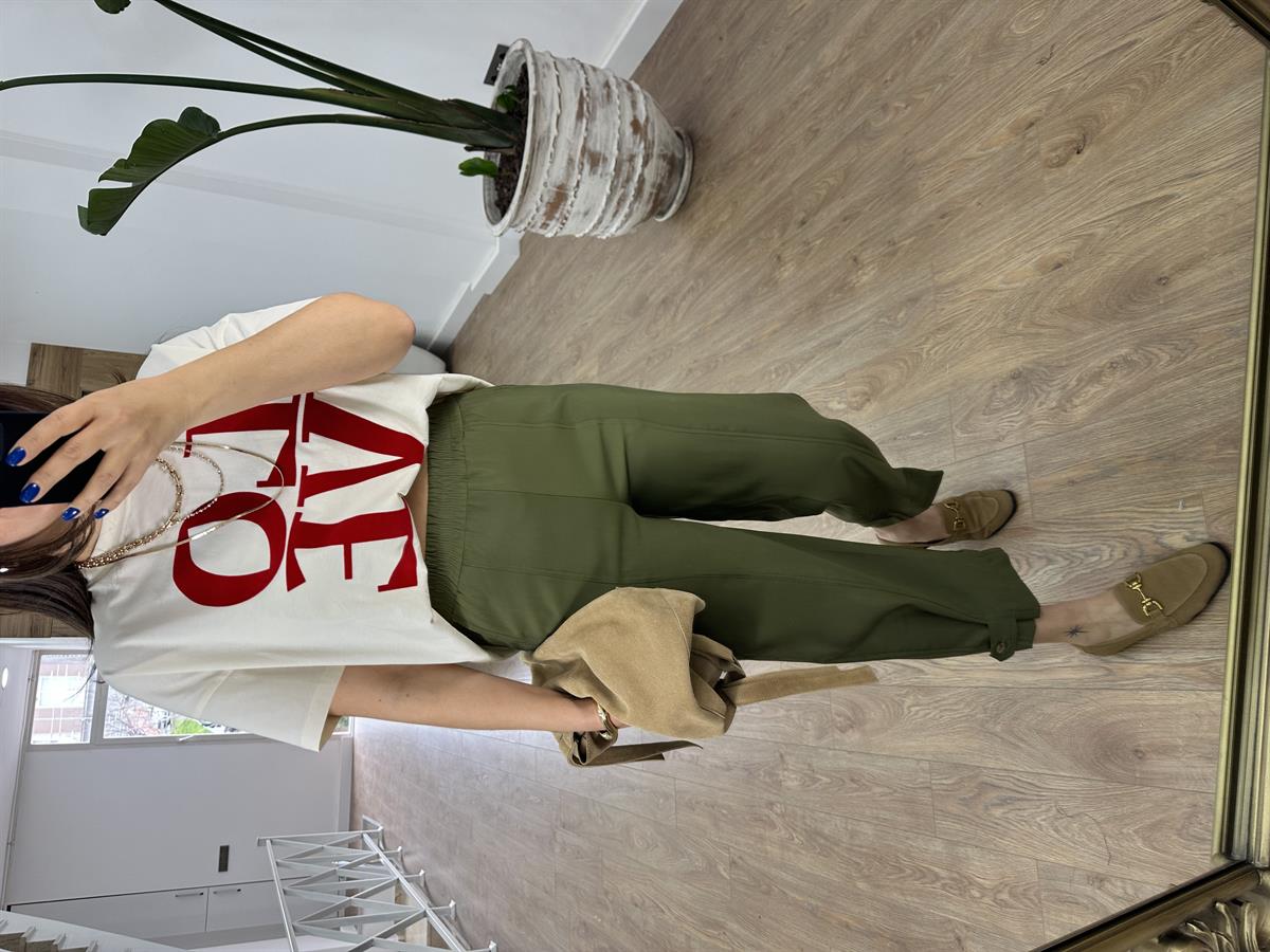 Paçası Düğmeli Önden Dikişli Pantolon-Haki