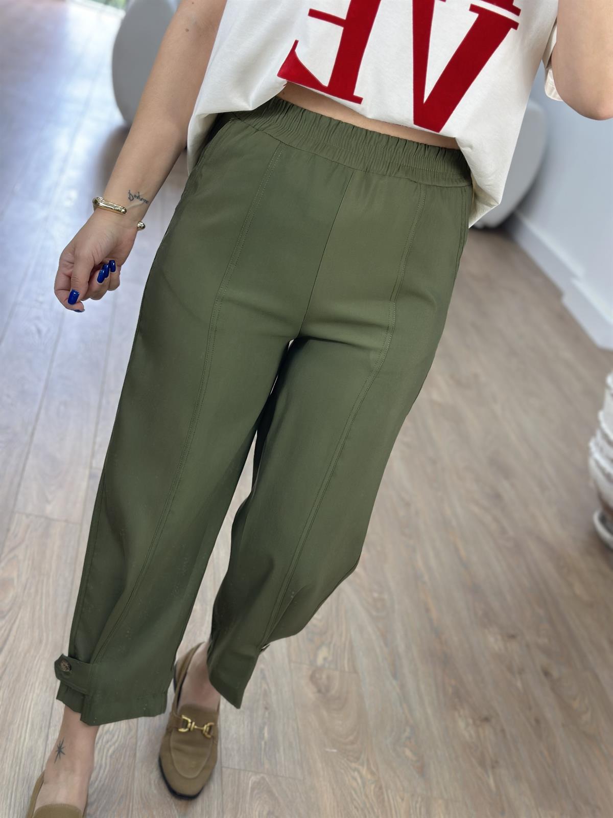 Paçası Düğmeli Önden Dikişli Pantolon-Haki