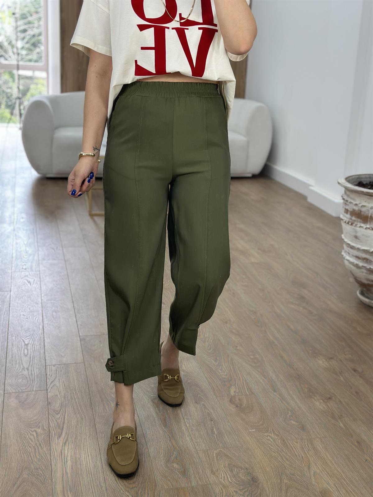 Paçası Düğmeli Önden Dikişli Pantolon-Haki