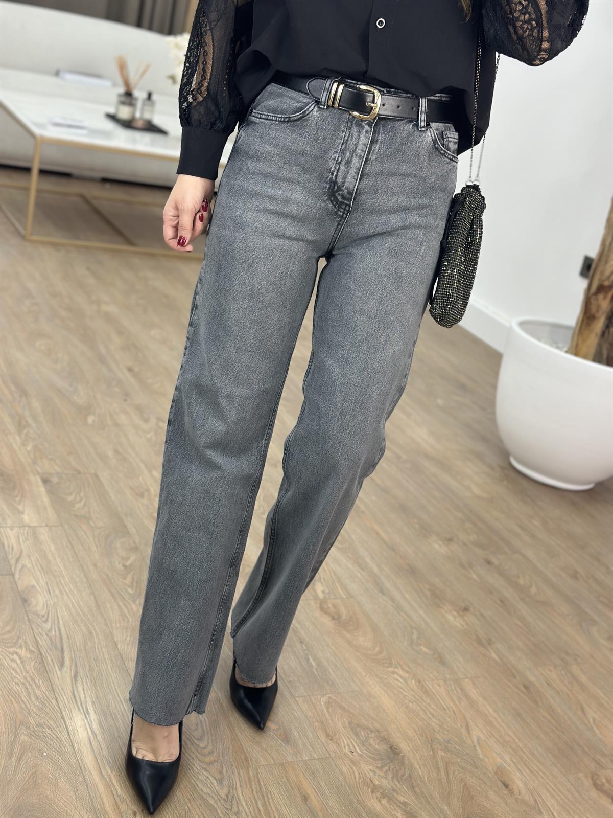 Paçası Kesik Likralı Straight Jean - Gri