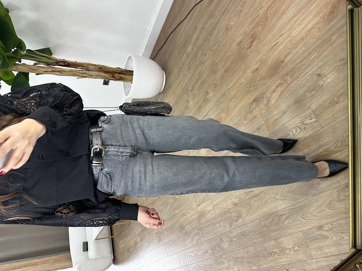 Paçası Kesik Likralı Straight Jean - Gri