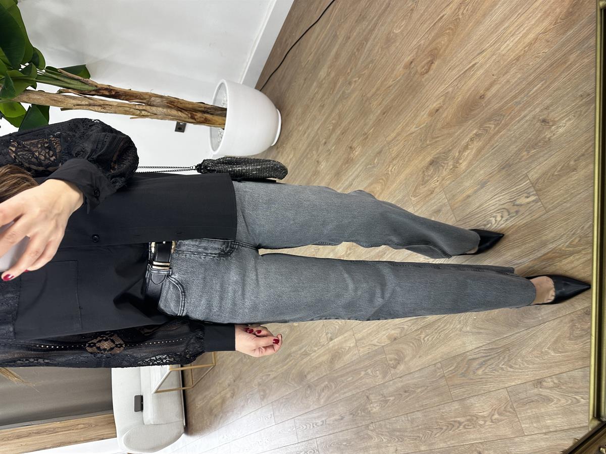 Paçası Kesik Likralı Straight Jean - Gri