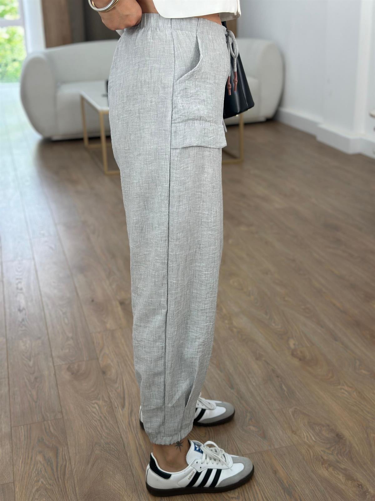 Paçası Lastikli Cepli Keten Pantolon-Açık Gri