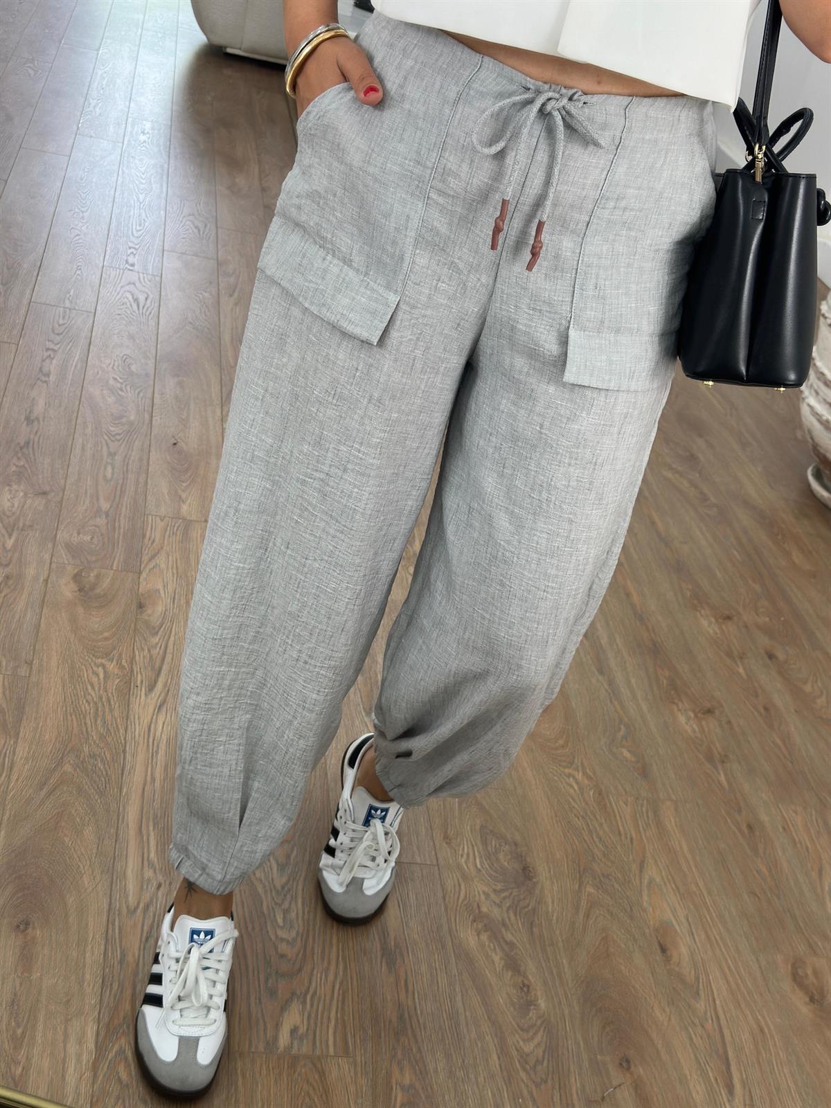 Paçası Lastikli Cepli Keten Pantolon-Açık Gri