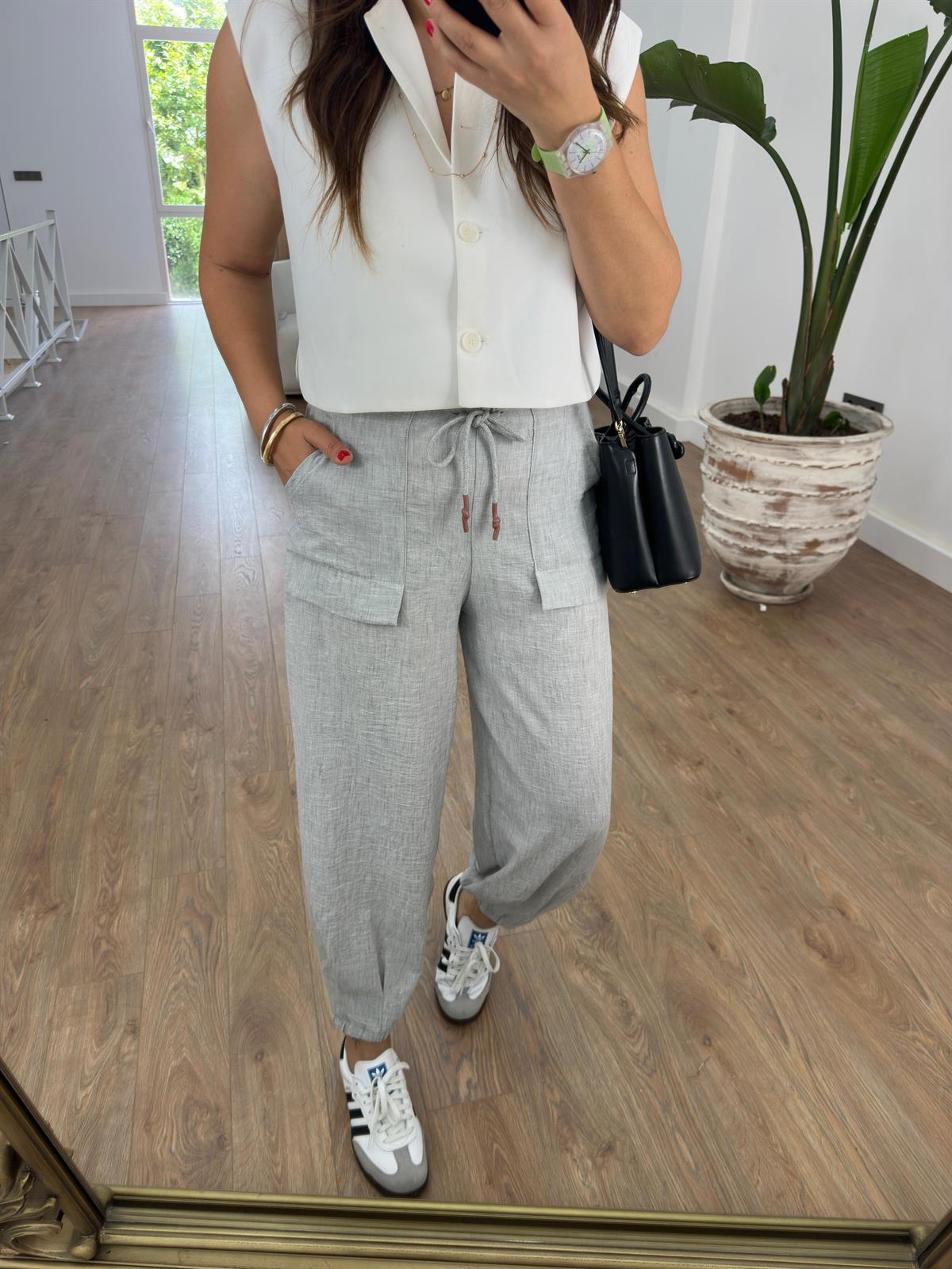 Paçası Lastikli Cepli Keten Pantolon-Açık Gri