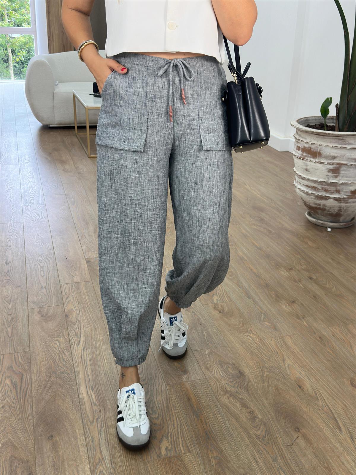 Paçası Lastikli Cepli Keten Pantolon-Koyu Gri