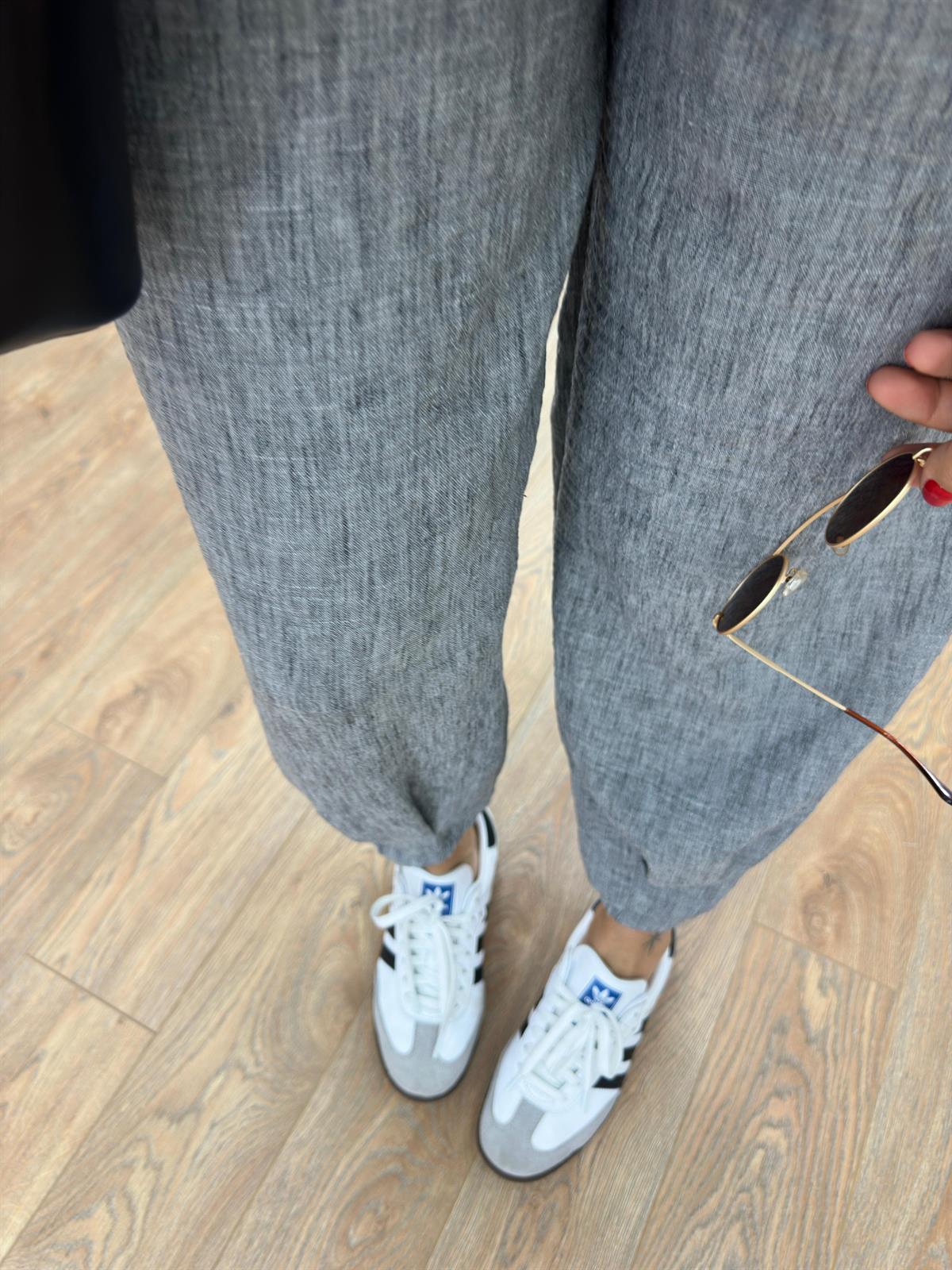 Paçası Lastikli Cepli Keten Pantolon-Koyu Gri