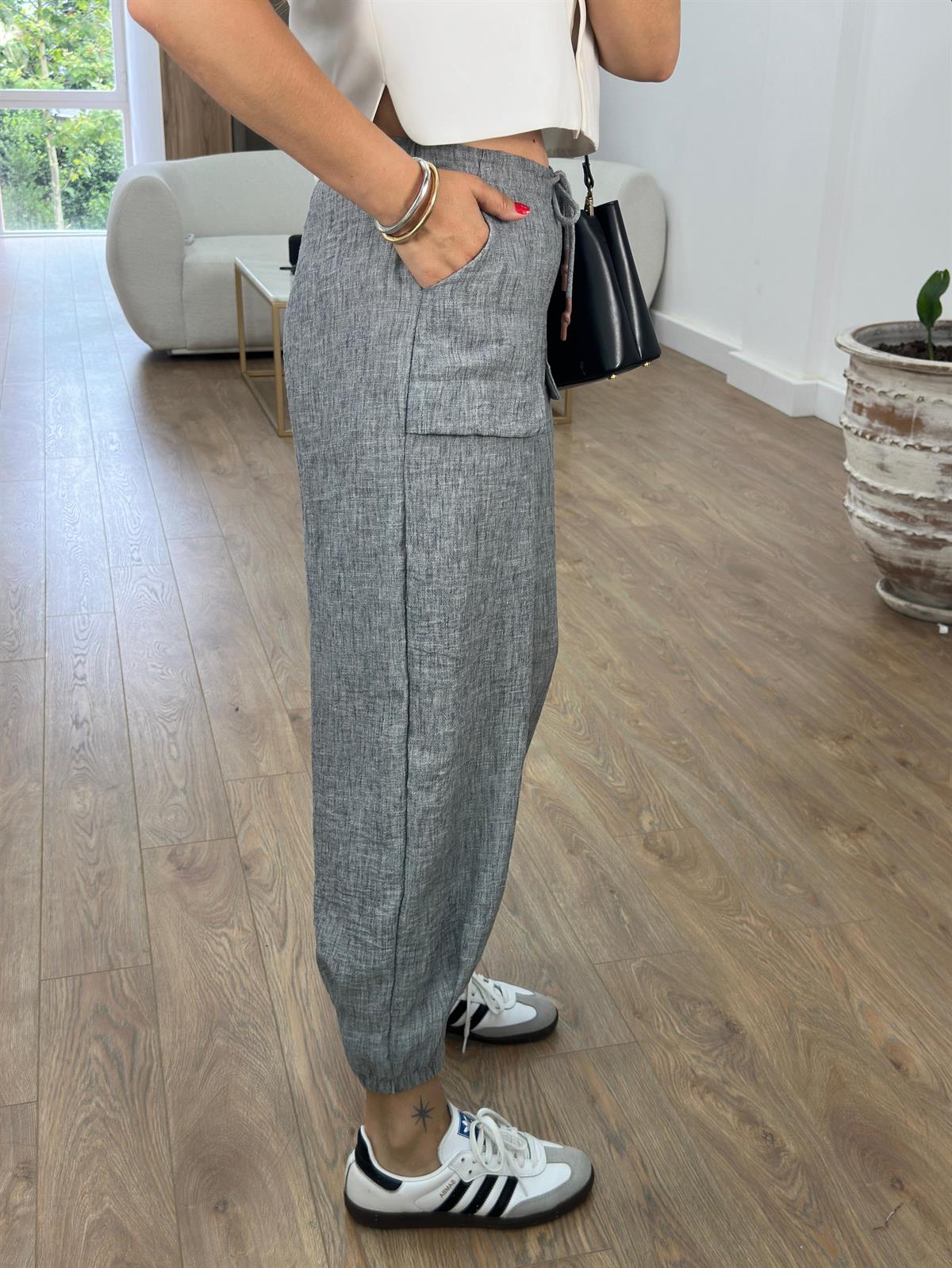 Paçası Lastikli Cepli Keten Pantolon-Koyu Gri