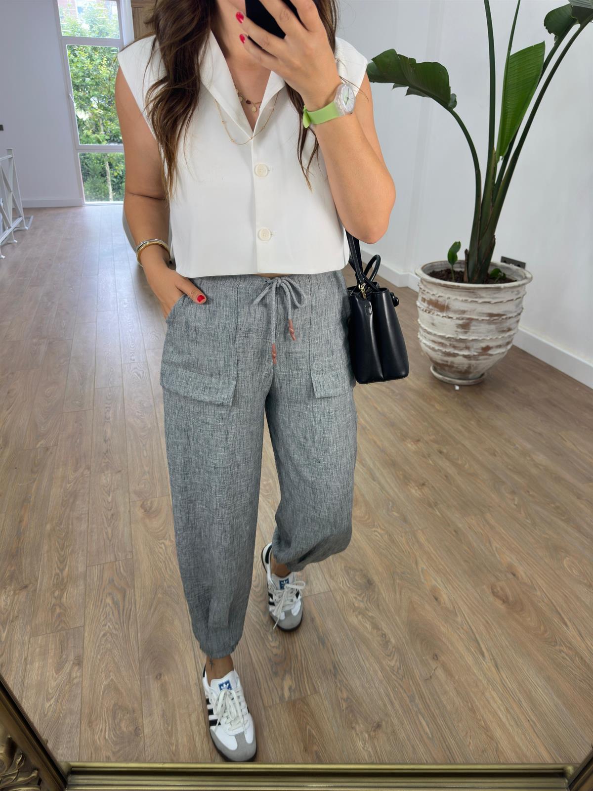 Paçası Lastikli Cepli Keten Pantolon-Koyu Gri