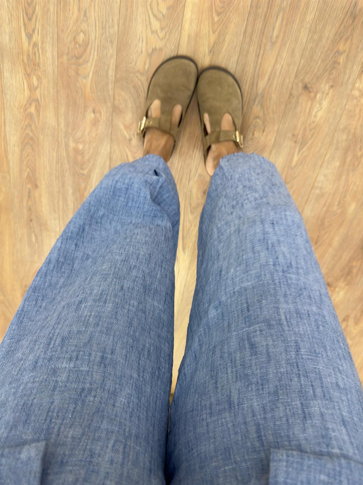 Paçası Lastikli Cepli Keten Pantolon-Mavi