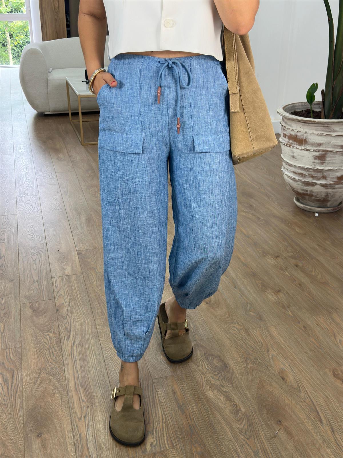 Paçası Lastikli Cepli Keten Pantolon-Mavi