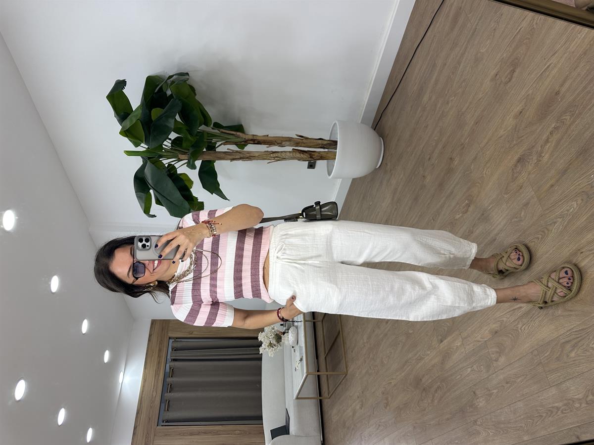 Paçası Pilili Müslin Pantolon - Beyaz