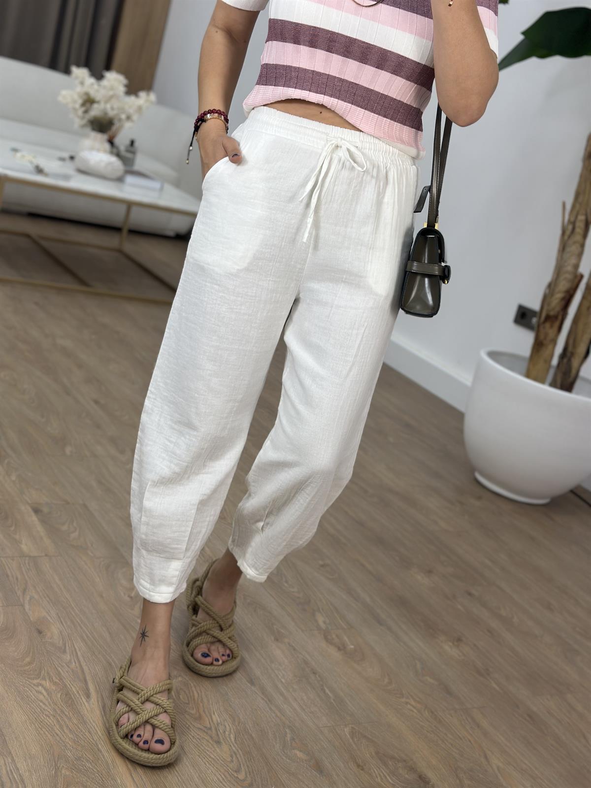 Paçası Pilili Müslin Pantolon - Beyaz