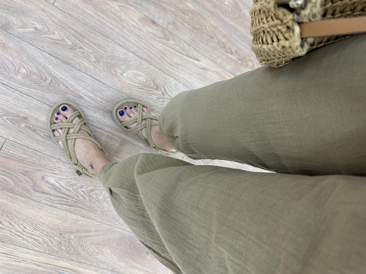 Paçası Pilili Müslin Pantolon - Haki