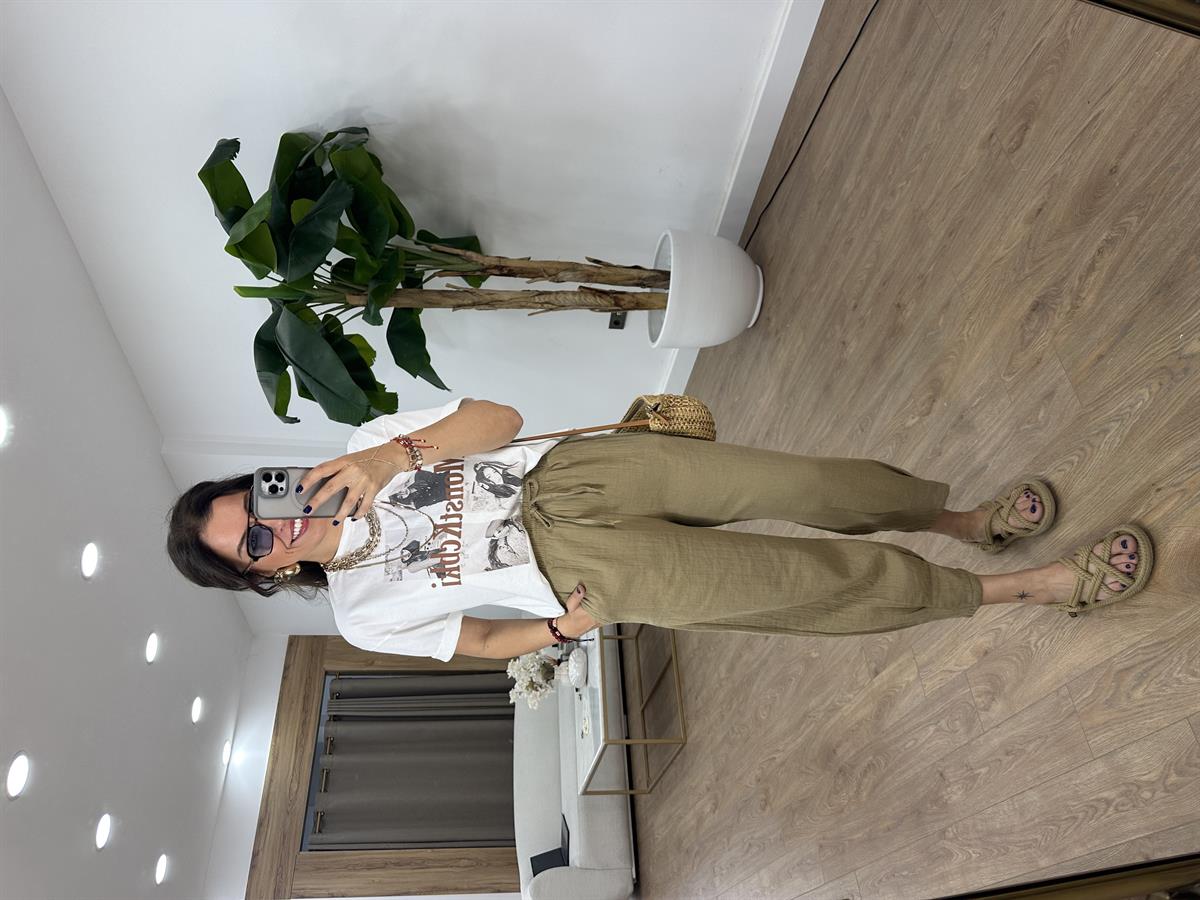 Paçası Pilili Müslin Pantolon - Haki