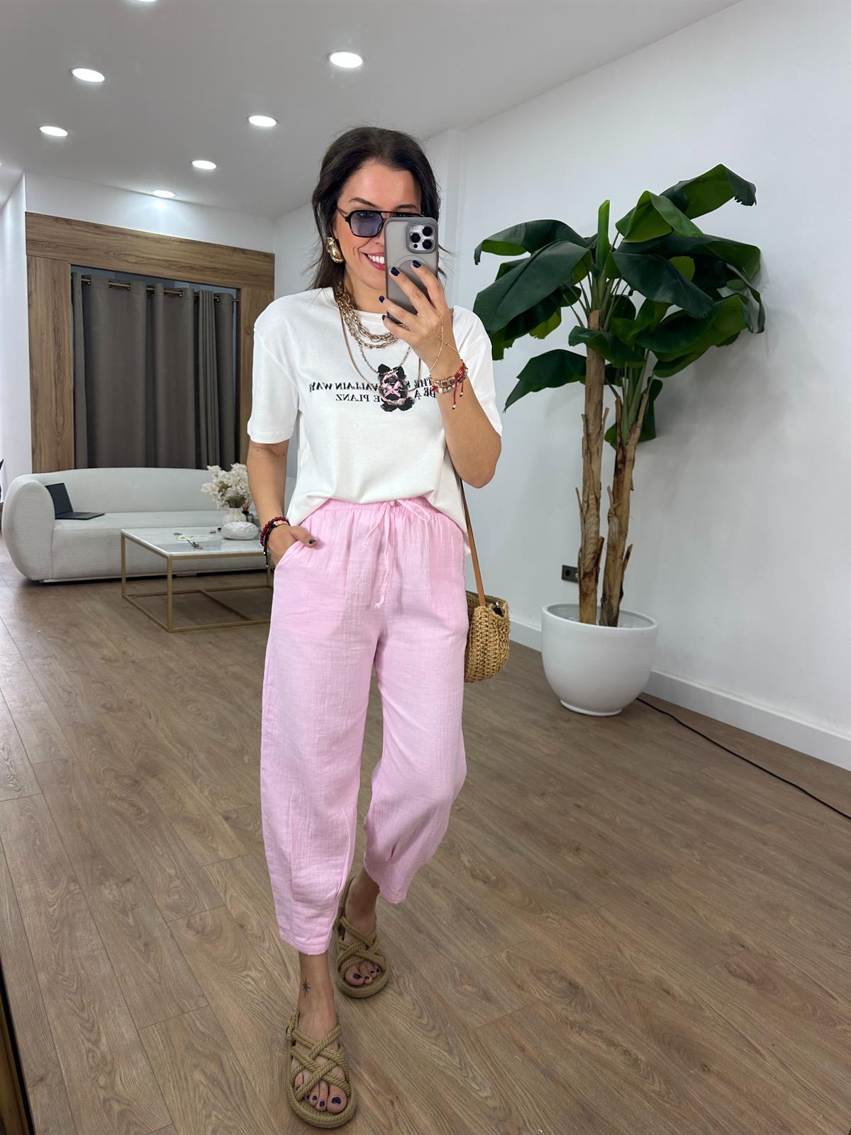 Paçası Pilili Müslin Pantolon - Pembe