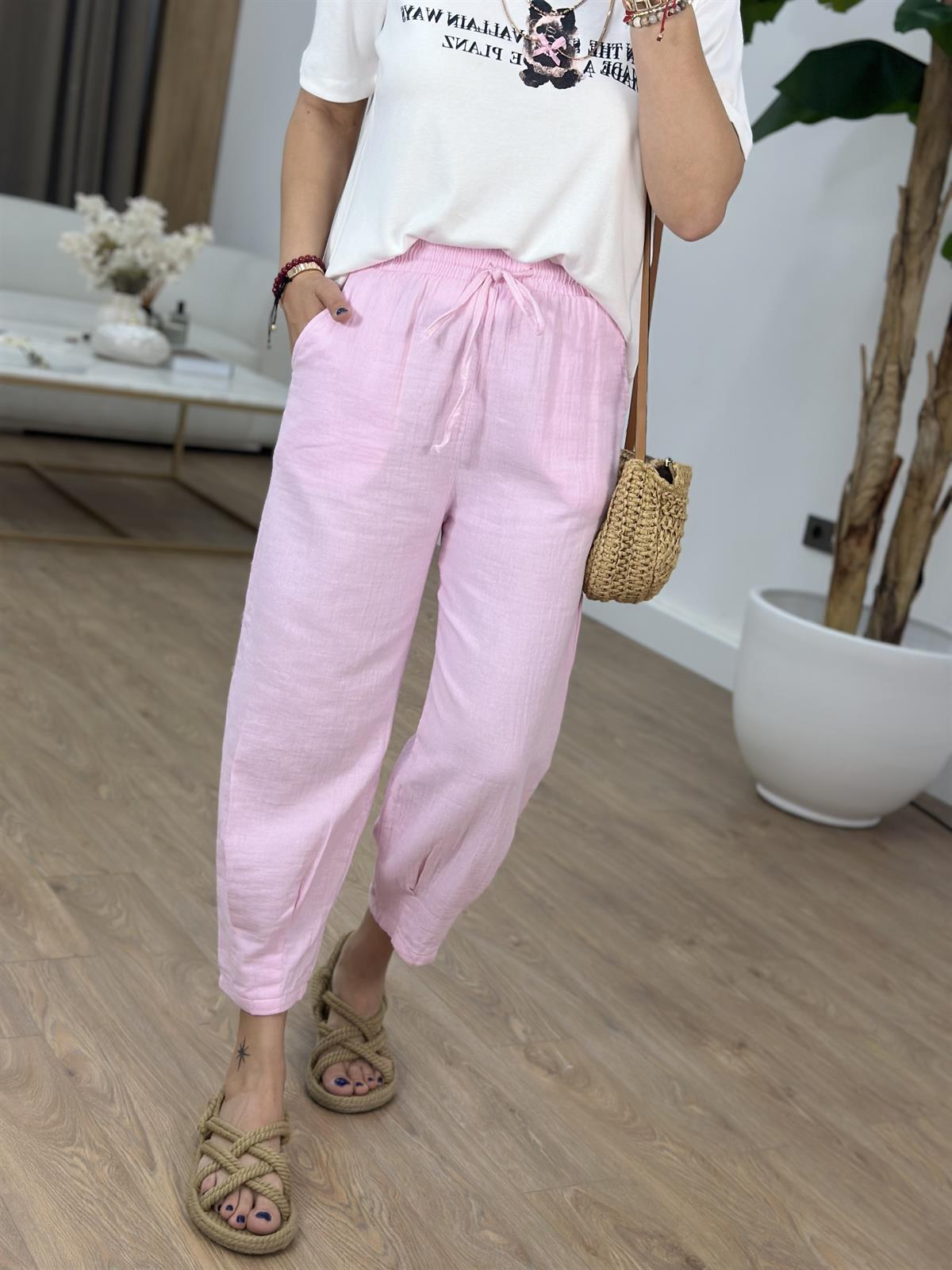 Paçası Pilili Müslin Pantolon - Pembe