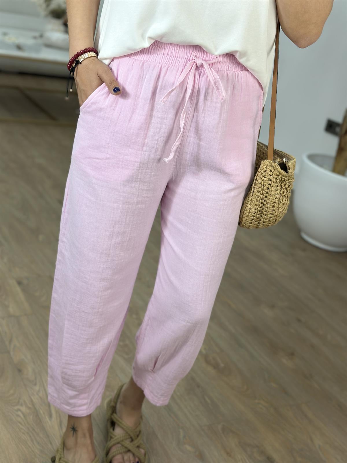 Paçası Pilili Müslin Pantolon - Pembe
